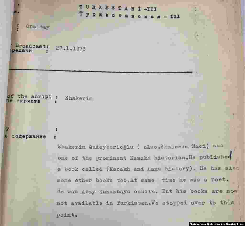 Азаттық радиосының 1973 жылғы 27 қаңтар күнгі Шәкерім туралы хабарының жазбаша нұсқасы. Хасен Оралтайдың жеке қорынан.