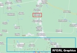 В красном прямоугольнике – Макаровка, крайний к югу от Великой Новоселовки населенный пункт, освобожденный на данный момент украинской армией. В синем прямоугольнике – первая линия российских окопов и фортификационных сооружений, пересекающая в этом месте границу Запорожской и Донецкой областей.